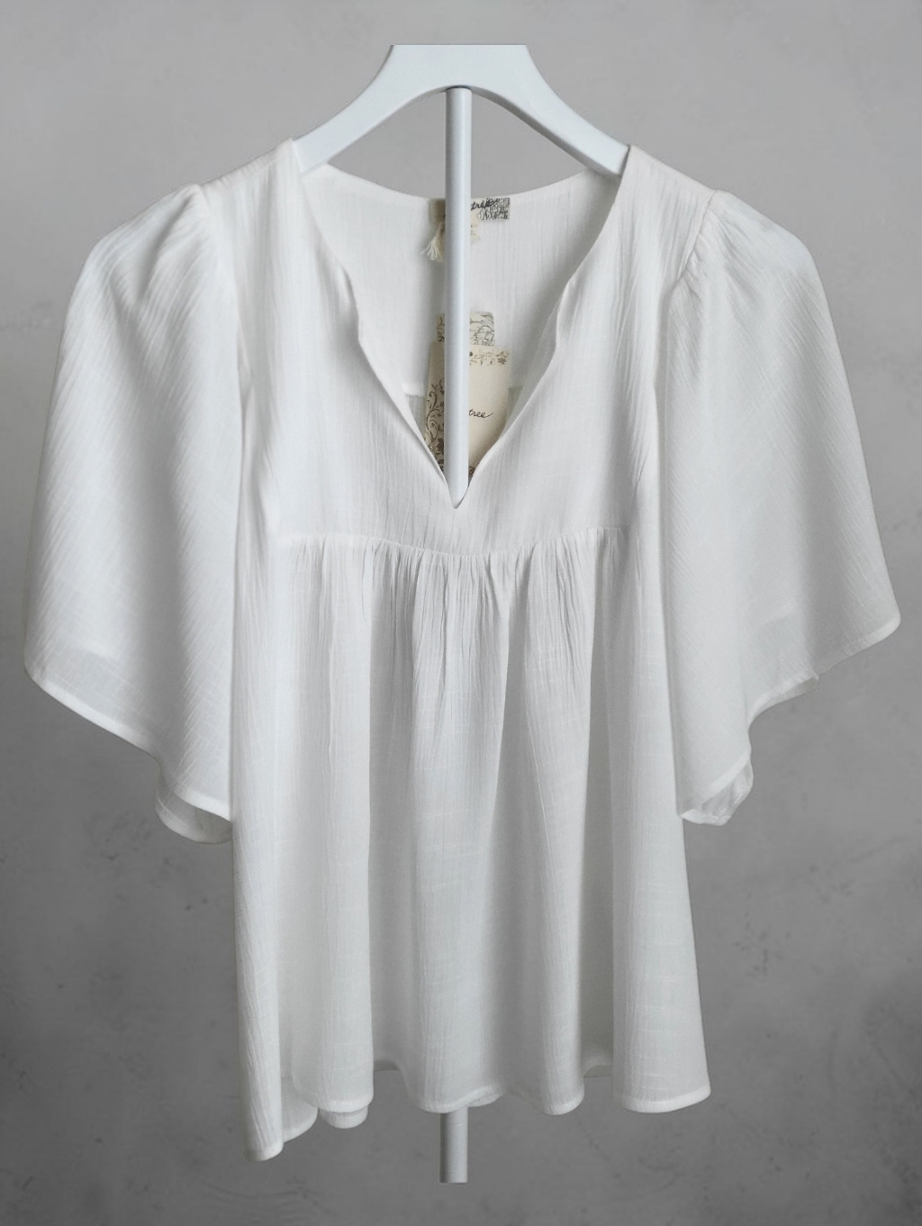 Mystree V-Neck Flutter Sleeve Gauzy Rayon Blouse White S Feminine